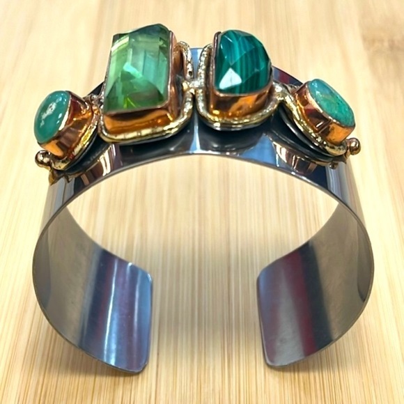 Handmade Silver Tone Adjustable Wide Cuff Bracelet Green Gemstone Embellished - Picture 6 of 16